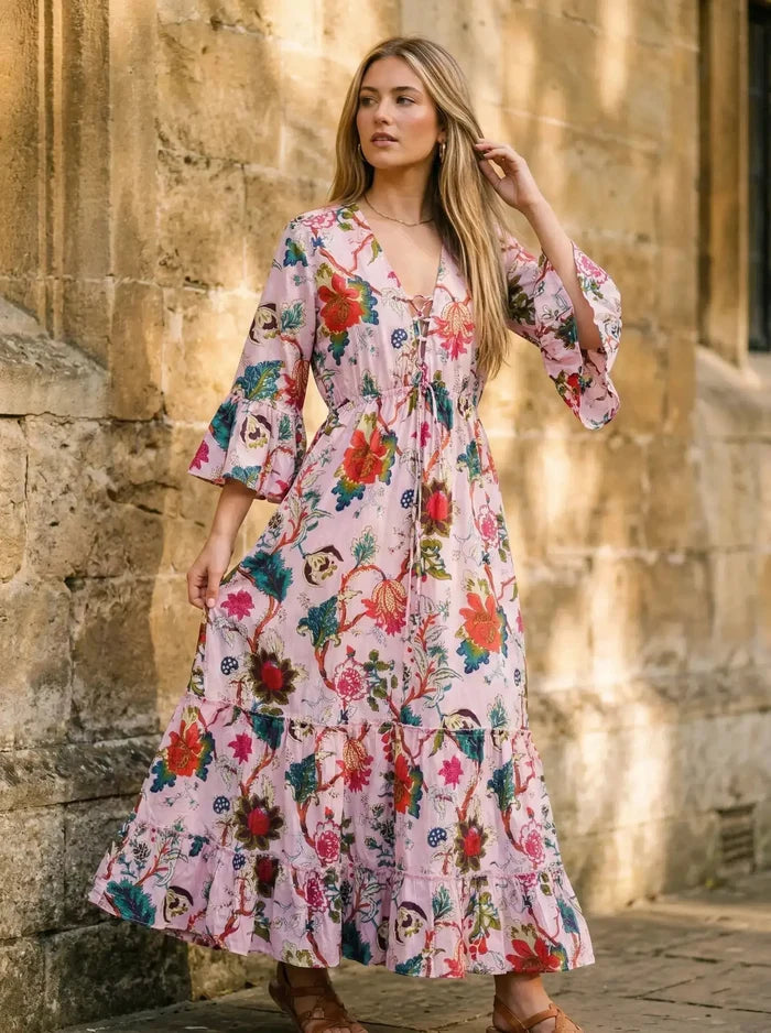 Indian Cotton Floral Print beach Cover up Pink Blouson Summer Party Wear Dress Handicraft Trend