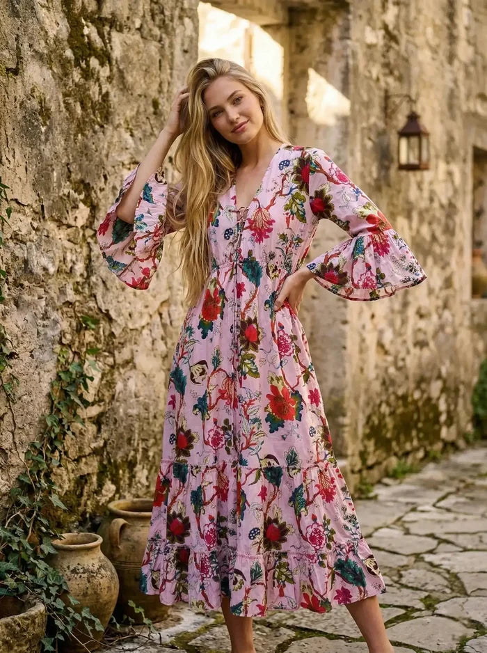 Indian Cotton Floral Print beach Cover up Pink Blouson Summer Party Wear Dress Handicraft Trend