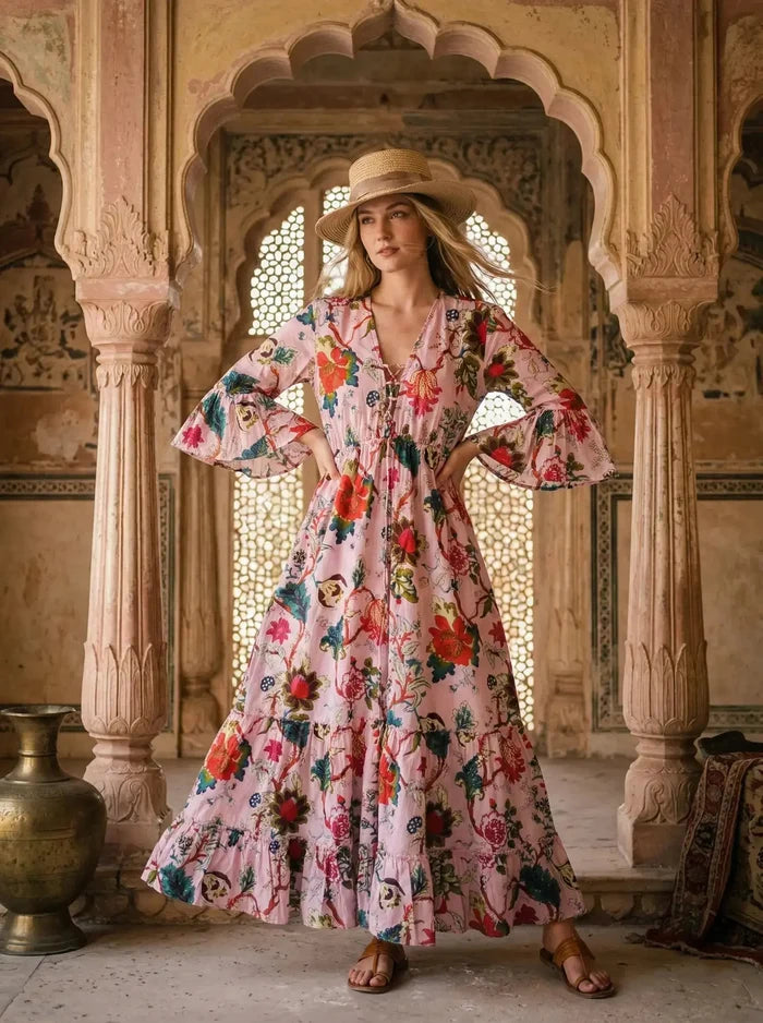 Indian Cotton Floral Print beach Cover up Pink Blouson Summer Party Wear Dress Handicraft Trend
