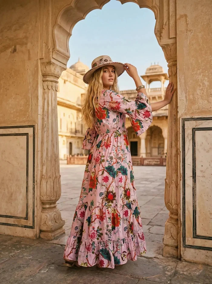 Indian Cotton Floral Print beach Cover up Pink Blouson Summer Party Wear Dress Handicraft Trend