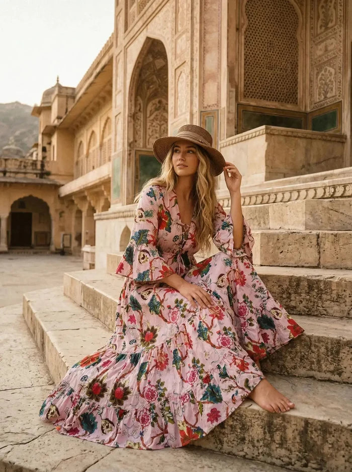 Indian Cotton Floral Print beach Cover up Pink Blouson Summer Party Wear Dress Handicraft Trend