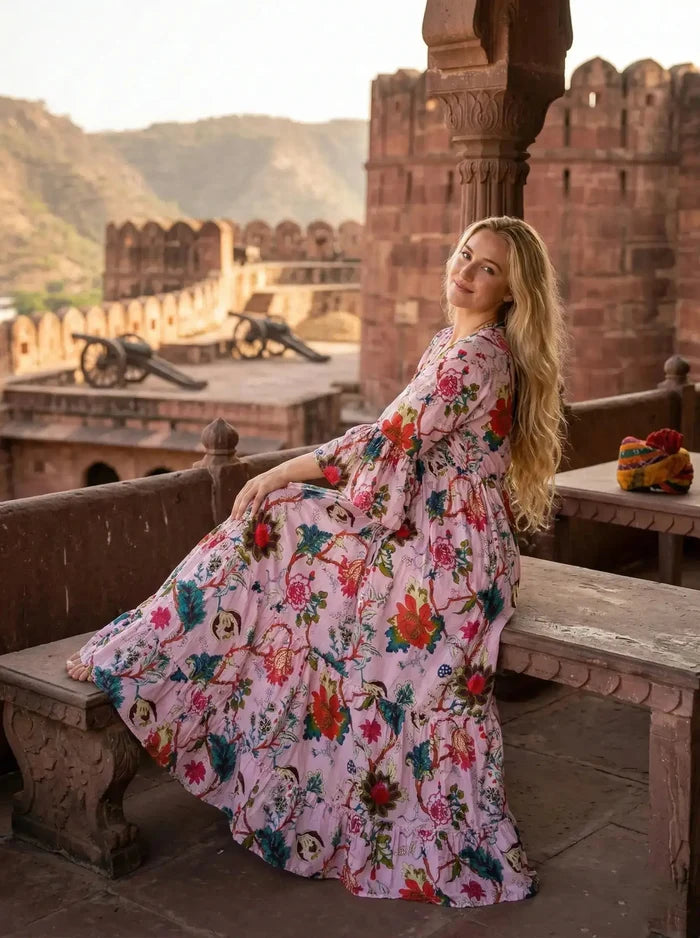 Indian Cotton Floral Print beach Cover up Pink Blouson Summer Party Wear Dress Handicraft Trend