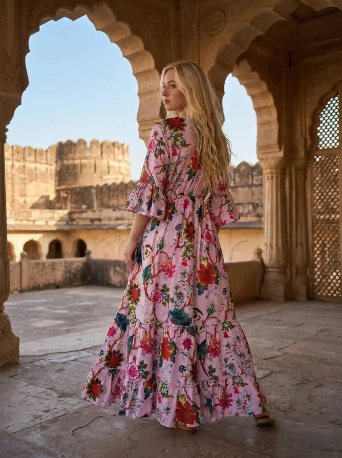 Indian Cotton Floral Print beach Cover up Pink Blouson Summer Party Wear Dress Handicraft Trend