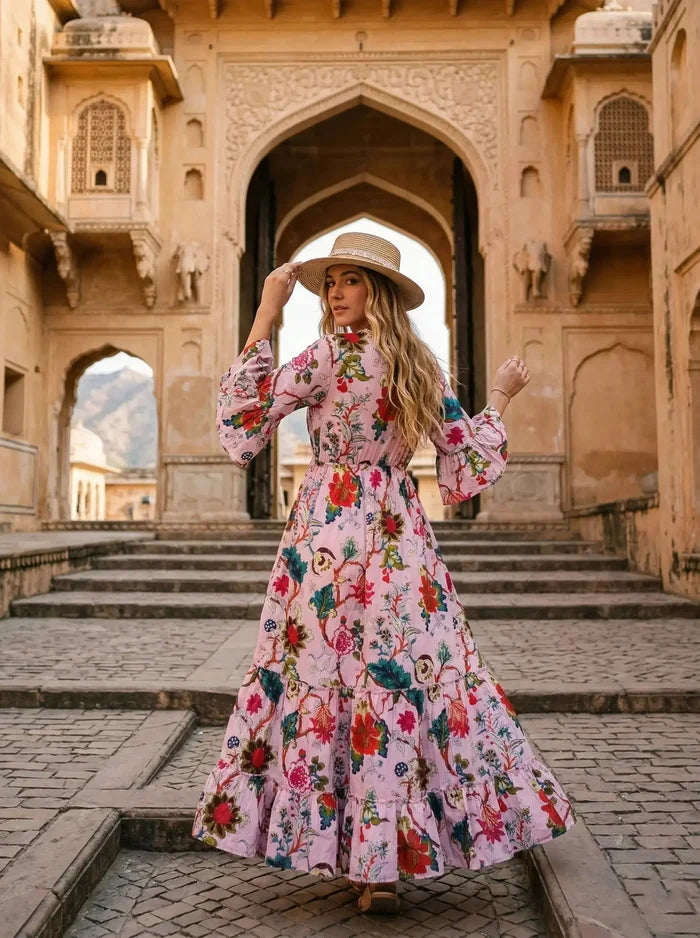 Indian Cotton Floral Print beach Cover up Pink Blouson Summer Party Wear Dress Handicraft Trend