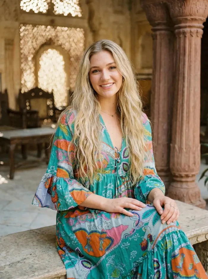 Indian Cotton Israel Print Maxi beach Cover up Rama Green Hippie Summer Party Wear Dress Handicraft Trend
