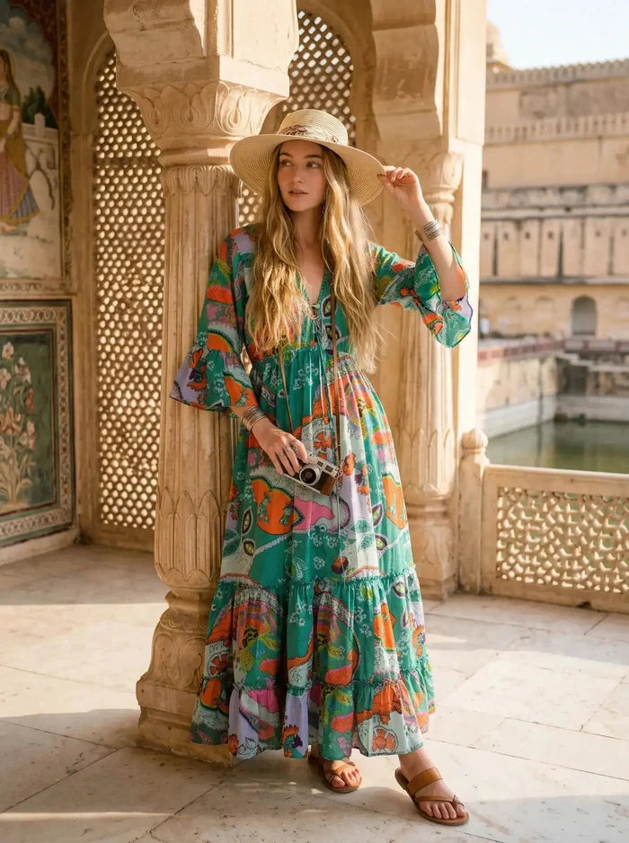 Indian Cotton Israel Print Maxi beach Cover up Rama Green Hippie Summer Party Wear Dress Handicraft Trend