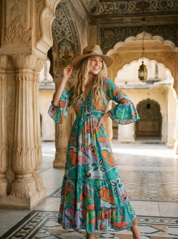 Indian Cotton Israel Print Maxi beach Cover up Rama Green Hippie Summer Party Wear Dress Handicraft Trend