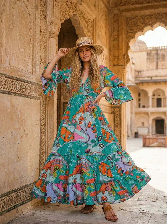 Indian Cotton Israel Print Maxi beach Cover up Rama Green Hippie Summer Party Wear Dress Handicraft Trend