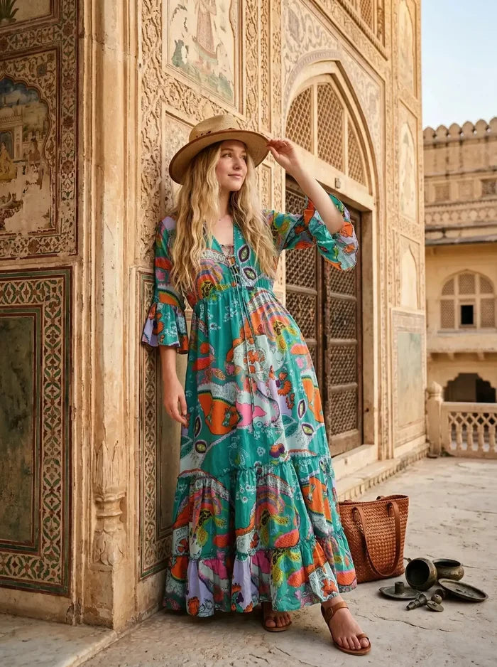 Indian Cotton Israel Print Maxi beach Cover up Rama Green Hippie Summer Party Wear Dress Handicraft Trend