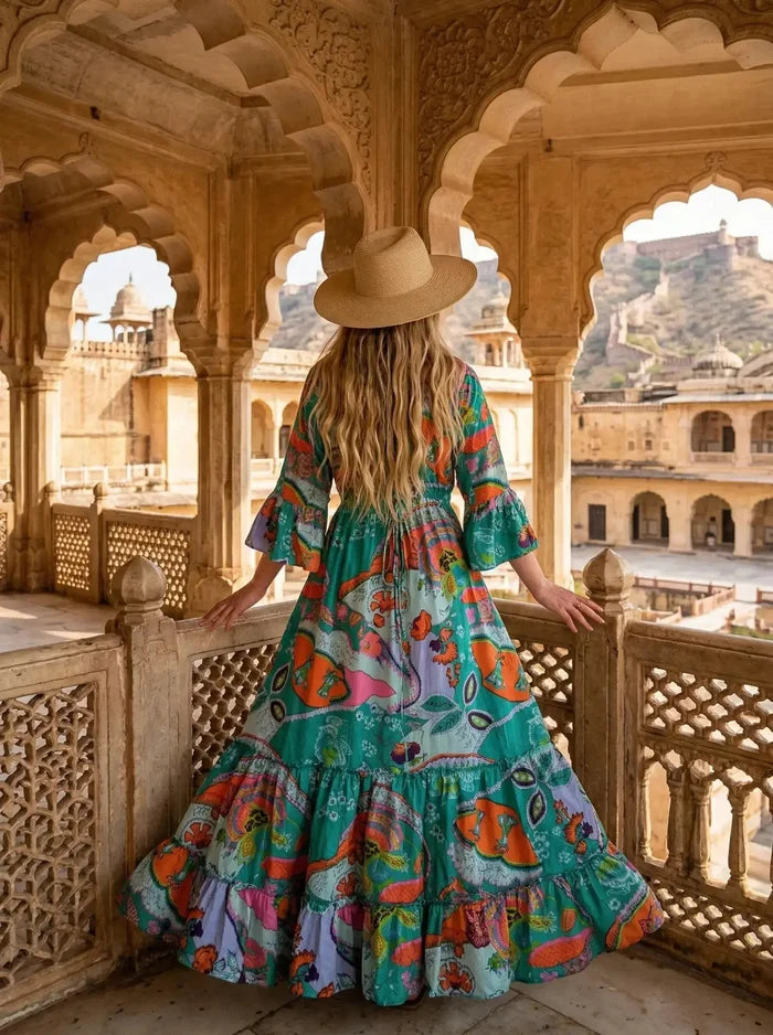 Indian Cotton Israel Print Maxi beach Cover up Rama Green Hippie Summer Party Wear Dress Handicraft Trend