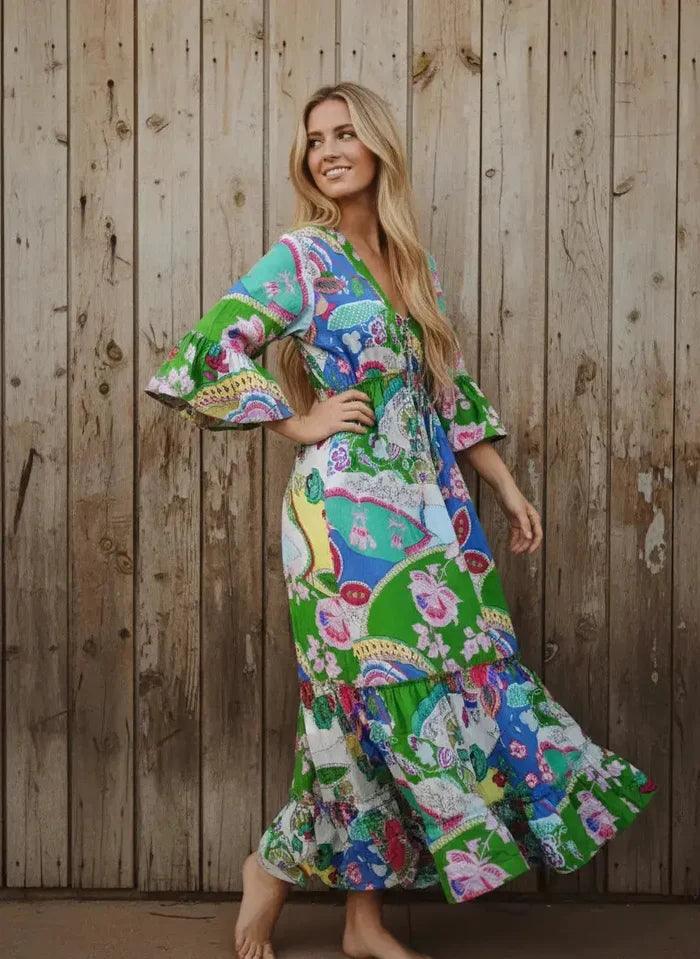 Indian Cotton Israel Print Maxi beach Cover up Summer Green Hippie Party Wear Dress Handicraft Trend