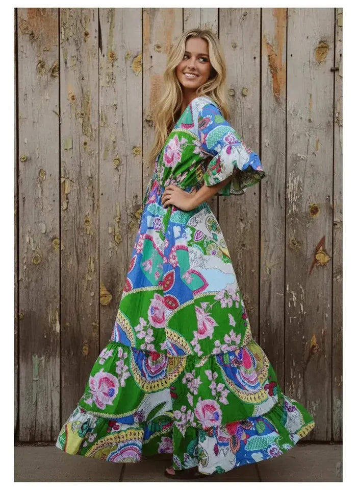 Indian Cotton Israel Print Maxi beach Cover up Summer Green Hippie Party Wear Dress Handicraft Trend