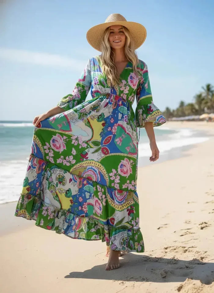 Indian Cotton Israel Print Maxi beach Cover up Summer Green Hippie Party Wear Dress Handicraft Trend