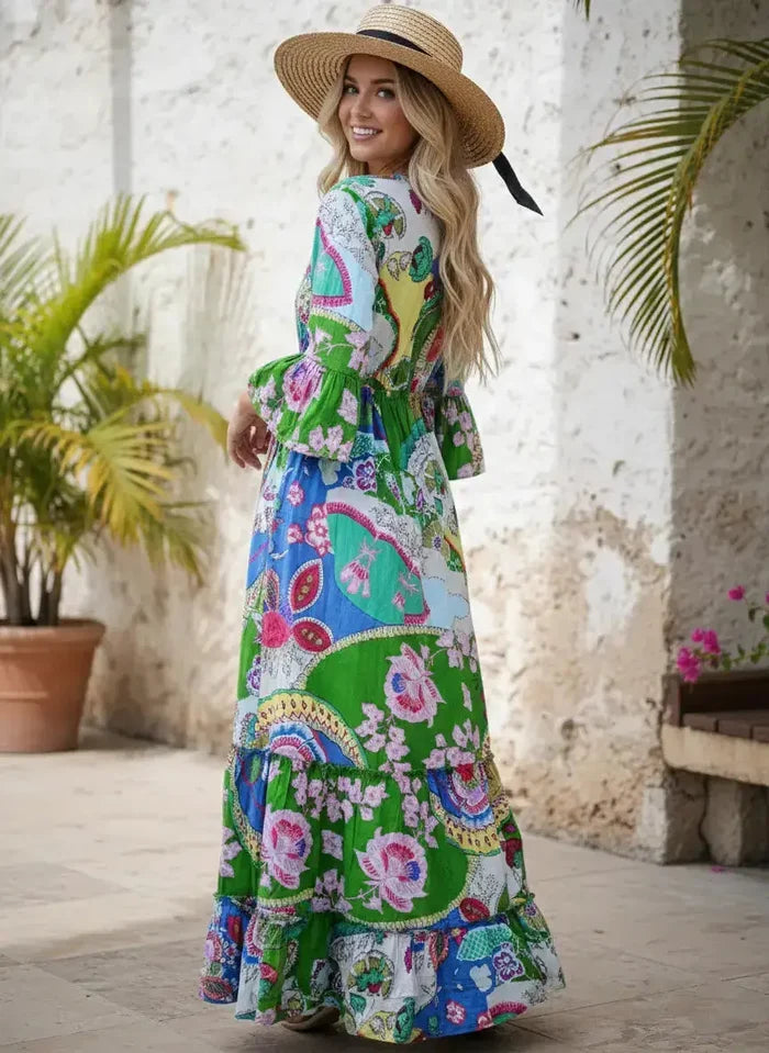 Indian Cotton Israel Print Maxi beach Cover up Summer Green Hippie Party Wear Dress Handicraft Trend