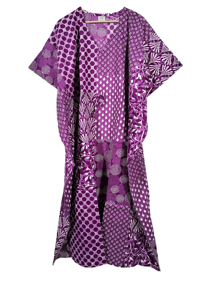Indian Patchwork Print Purple Maxi Lightweight Cotton Sleepwear Caftan Dress