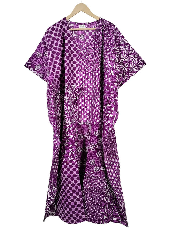 Indian Patchwork Print Purple Maxi Lightweight Cotton Sleepwear Caftan Dress