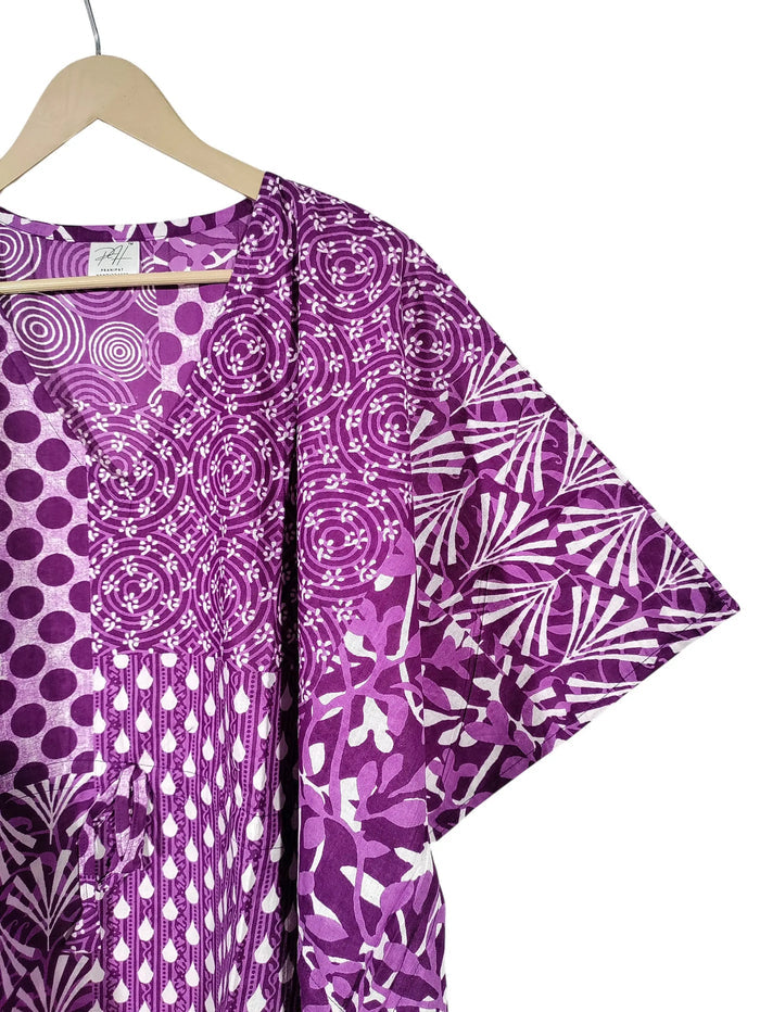 Indian Patchwork Print Purple Maxi Lightweight Cotton Sleepwear Caftan Dress