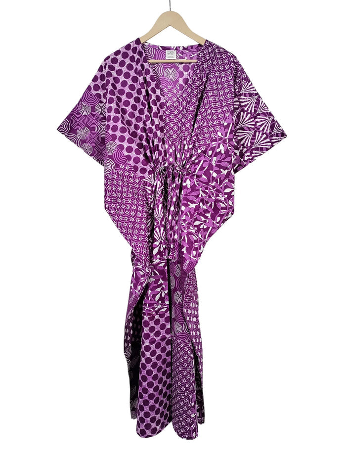 Indian Patchwork Print Purple Maxi Lightweight Cotton Sleepwear Caftan Dress