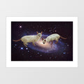 Whimsical space cat wall art print featuring two Siamese cats lapping up the Milky Way galaxy against a starry deep space background – surreal cosmic cat poster and funny cat lover gift by Vertigo Artography