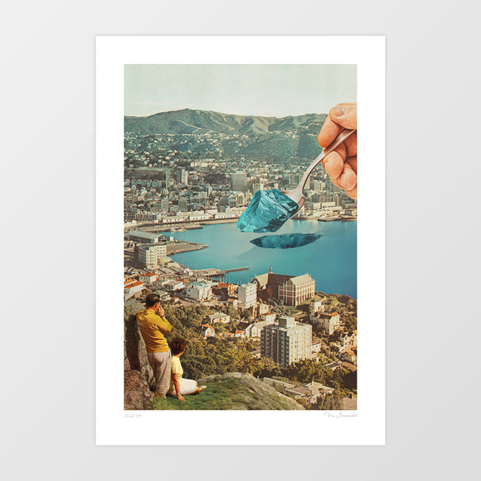 Jello Bay art print — giant silver spoon scooping vivid turquoise jelly from a coastal city harbour, retro 1960s kitsch surreal food art for kitchens, dining rooms and coastal interiors