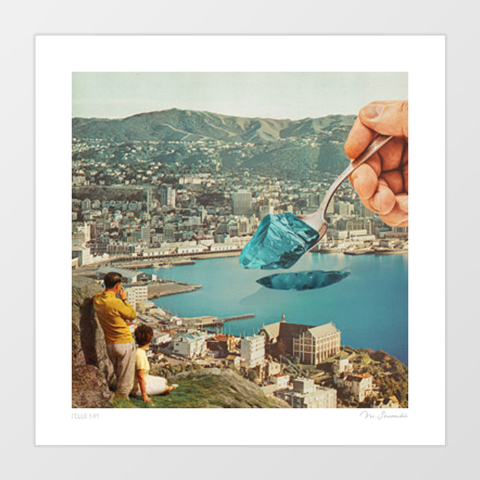 Jello Bay art print square format — oversized silver spoon lifting wobbly turquoise jelly from a vintage coastal harbour, quirky kitsch surreal art for dining rooms and beach houses