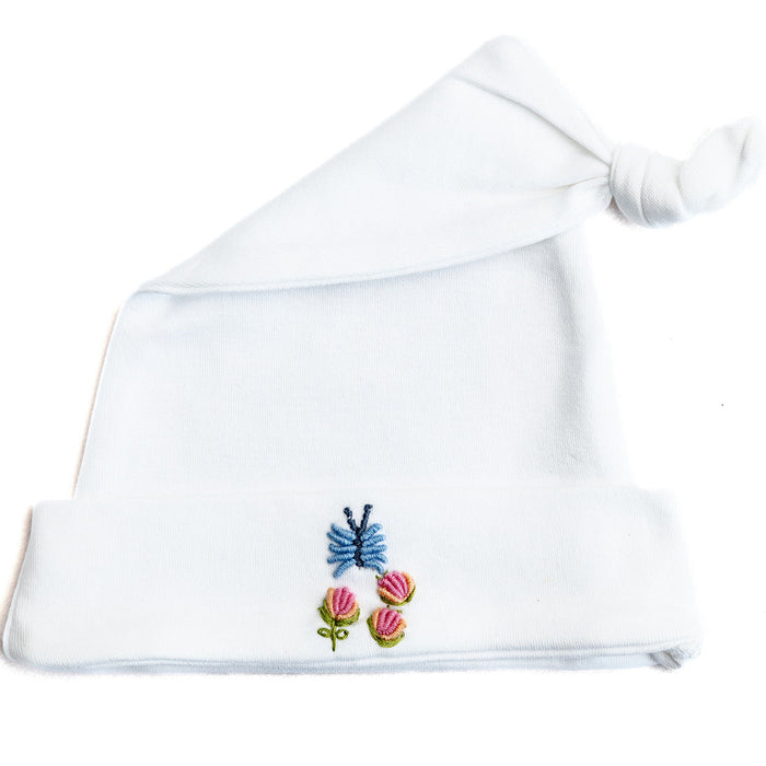 Knotted Baby Hat, Combed Cotton, Rosebuds & Butterfly