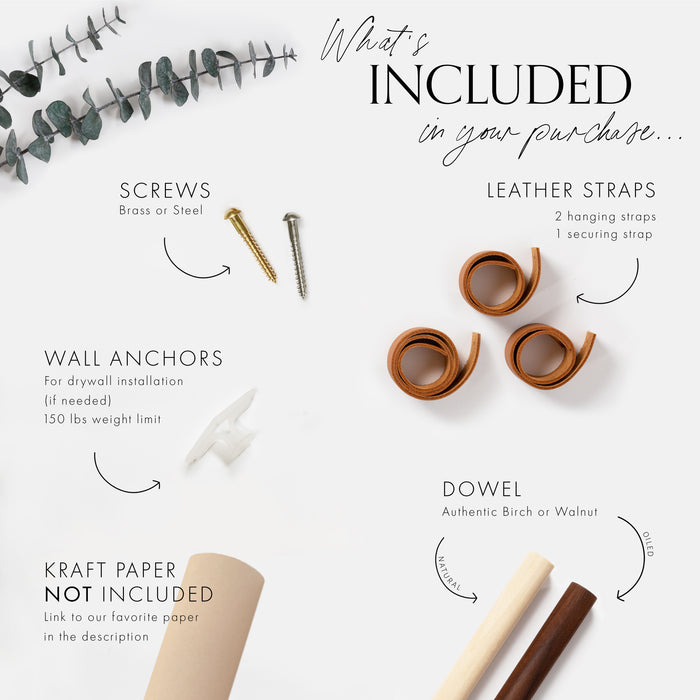 Flat lay of what’s included in Keyaiira kraft paper holder kit leather straps, wood dowel, brass or steel screws, and wall anchors shown with eucalyptus styling.