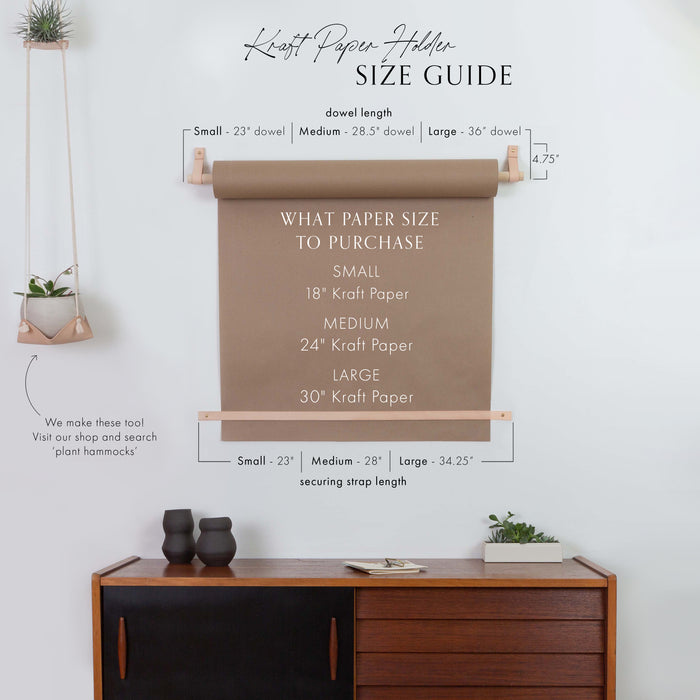 Paper size guide showing kraft paper roll recommendations for small, medium, and large wall-mounted paper holders educational sizing chart for buyers.