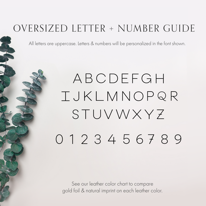 Keyaiira oversized letter and number customization guide for leather cord holders, offering optional initials for handmade cable organizers, charger keepers and small tech accessories