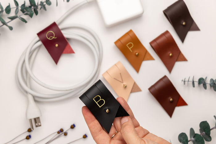 Custom initial leather cord holders in multiple colors, handcrafted large cable keepers for chargers, computer cords, office organization, tech accessories and travel by Keyaiira