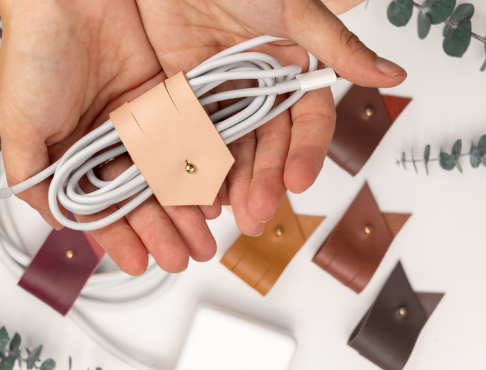 Handmade Veg Tan leather cable tie with customized letter initial, durable large cord holder for charging cables, computer cords, electronics and everyday cable management by Keyaiira