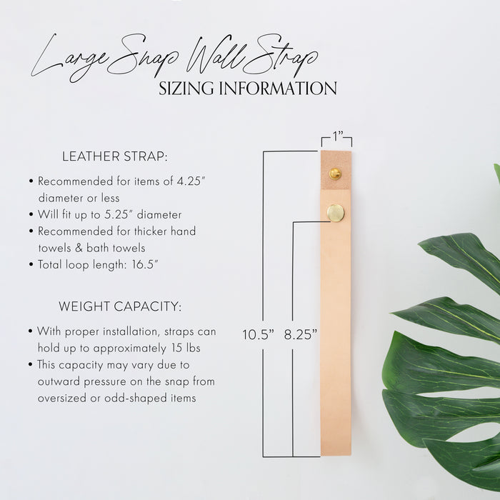 Keyaiira large leather wall strap sizing chart showing length options, brass snap hardware, included mounting screws, and wall anchors, illustrating how the strap supports blankets, towels, and home accessories.