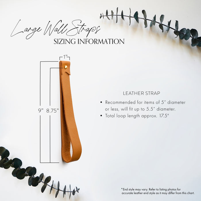 Large leather wall strap sizing guide showing measurements and recommended dimensions for hanging items.