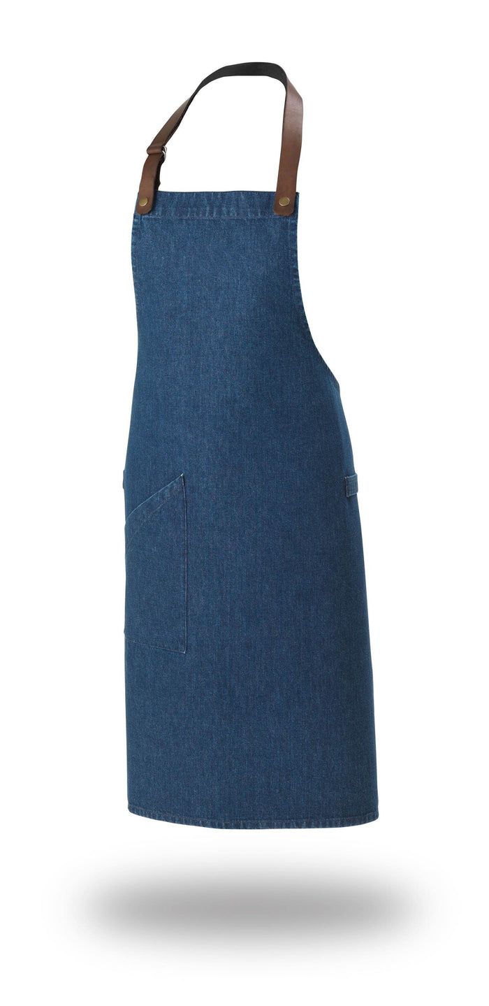 Le Chef De110 Statement Denim Bib Apron With Leather Neck Strap Indigo