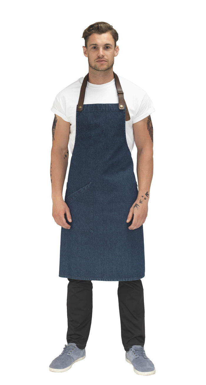 Le Chef De110 Statement Denim Bib Apron With Leather Neck Strap Indigo