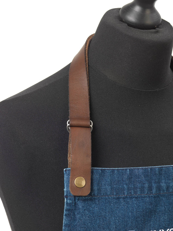 Le Chef De110 Statement Denim Bib Apron With Leather Neck Strap Indigo