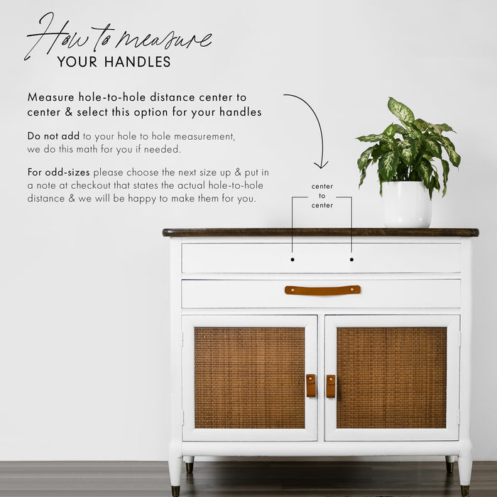 Keyaiira leather cabinet handle sizing guide showing measurement instructions for proper drawer pull fit — modern leather hardware installation reference.
