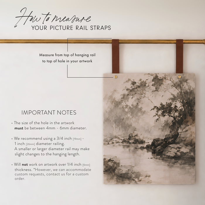 Instructional graphic titled 'How to measure YOUR PICTURE RAIL STRAPS' showing a brass rod with two brown hanging straps and a sample landscape artwork clipped on the right, plus text notes about measuring artwork holes and recommending a 3/4 inch rail diameter.