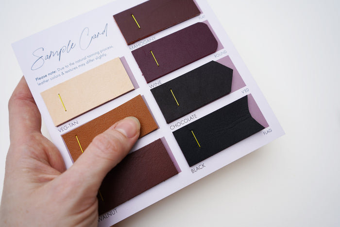 Keyaiira Leather Swatch Samples close-up view of natural vegetable-tanned leather color options in rich neutral tones. Crafted swatches show the texture and finish of premium Keyaiira leathers used in handmade hardware.