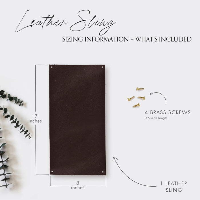 Leather Sling sizing information  — dark brown genuine leather sling measuring 17 inches by 8 inches, includes four 0.5-inch brass screws. Minimal modern hardware set for wall shelf or hanging storage by Keyaiira.