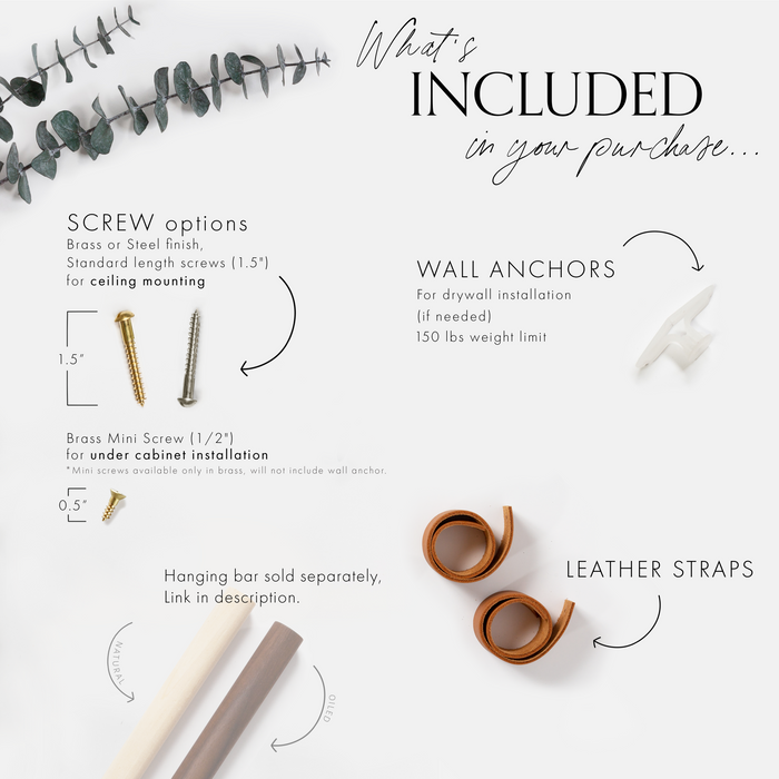 Product kit layout showing leather straps, hardware, and mounting components, complete ceiling-mounted rod holder system