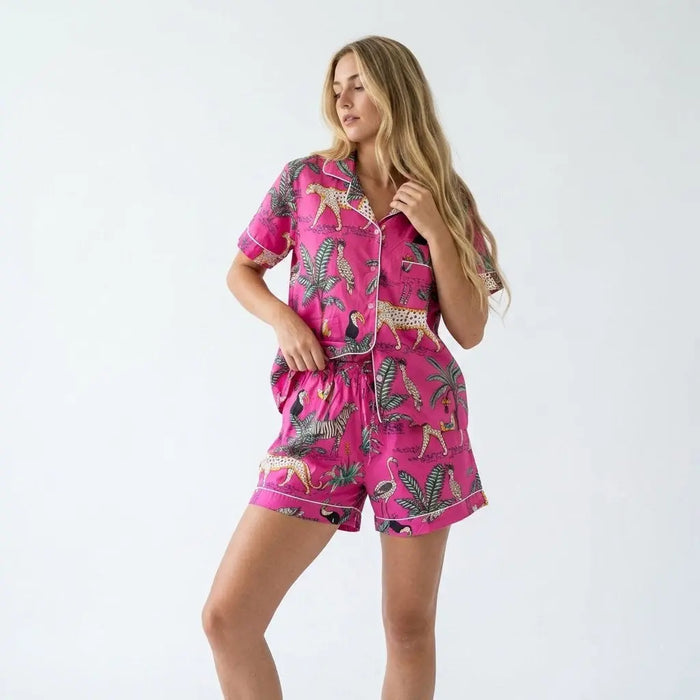 Lightweight Chic Pink Animal Print Short Pajama Set Soft Cotton Loungewear Handicraft Trend