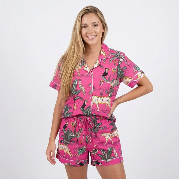 Lightweight Chic Pink Animal Print Short Pajama Set Soft Cotton Loungewear Handicraft Trend