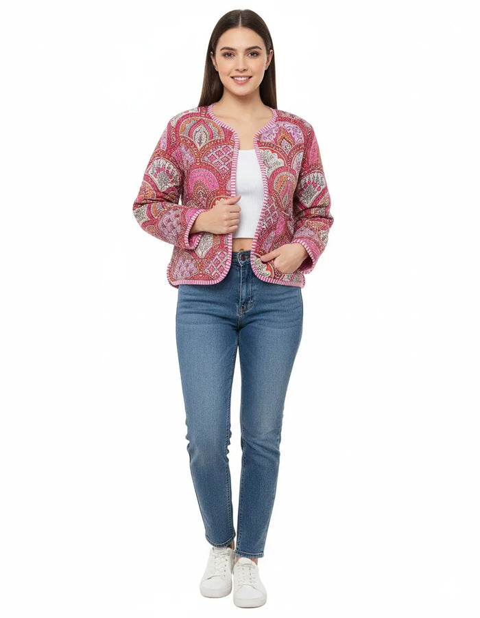 Lightweight Cotton Abstract Print Floral Pink Quilted Short Jacket Women Biker Jacket Perfect for Winter wear Handicraft Trend