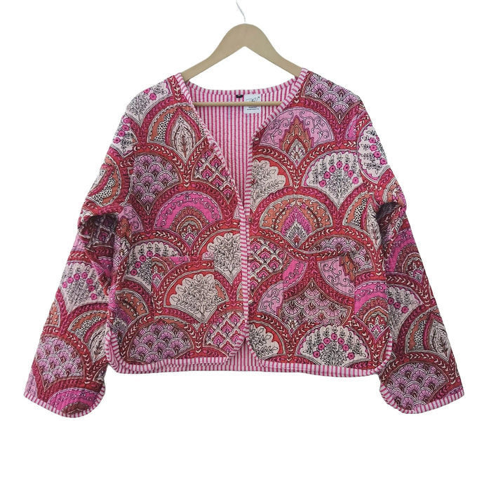 Lightweight Cotton Abstract Print Floral Pink Quilted Short Jacket Women Biker Jacket Perfect for Winter wear Handicraft Trend