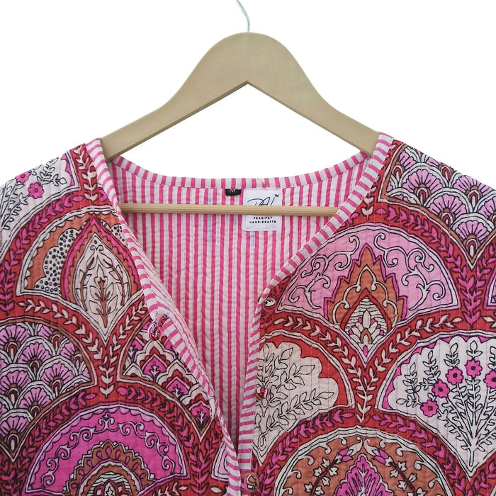 Lightweight Cotton Abstract Print Floral Pink Quilted Short Jacket Women Biker Jacket Perfect for Winter wear Handicraft Trend