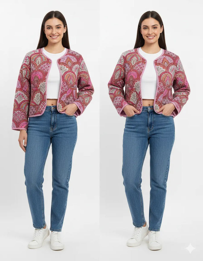 Lightweight Cotton Abstract Print Floral Pink Quilted Short Jacket Women Biker Jacket Perfect for Winter wear Handicraft Trend
