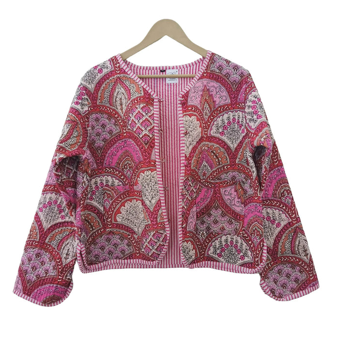Lightweight Cotton Abstract Print Floral Pink Quilted Short Jacket Women Biker Jacket Perfect for Winter wear Handicraft Trend