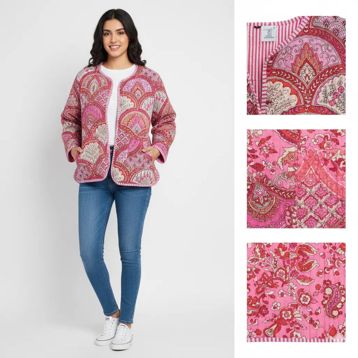 Lightweight Cotton Abstract Print Floral Pink Quilted Short Jacket Women Biker Jacket Perfect for Winter wear Handicraft Trend