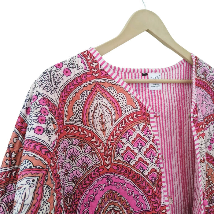 Lightweight Cotton Abstract Print Floral Pink Quilted Short Jacket Women Biker Jacket Perfect for Winter wear Handicraft Trend